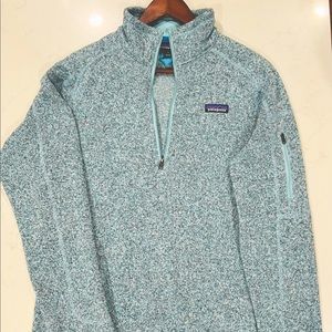 Patagonia Women’s Better Sweater 1/4 zip fleece, light blue-green color, Large.